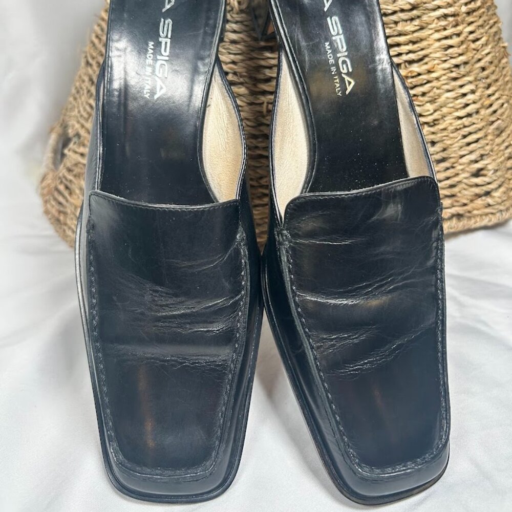 Via Spiga Black Leather Mule Heels Made in Italy Size 7 Slip On Sleek Minimalist - Picture 2 of 12